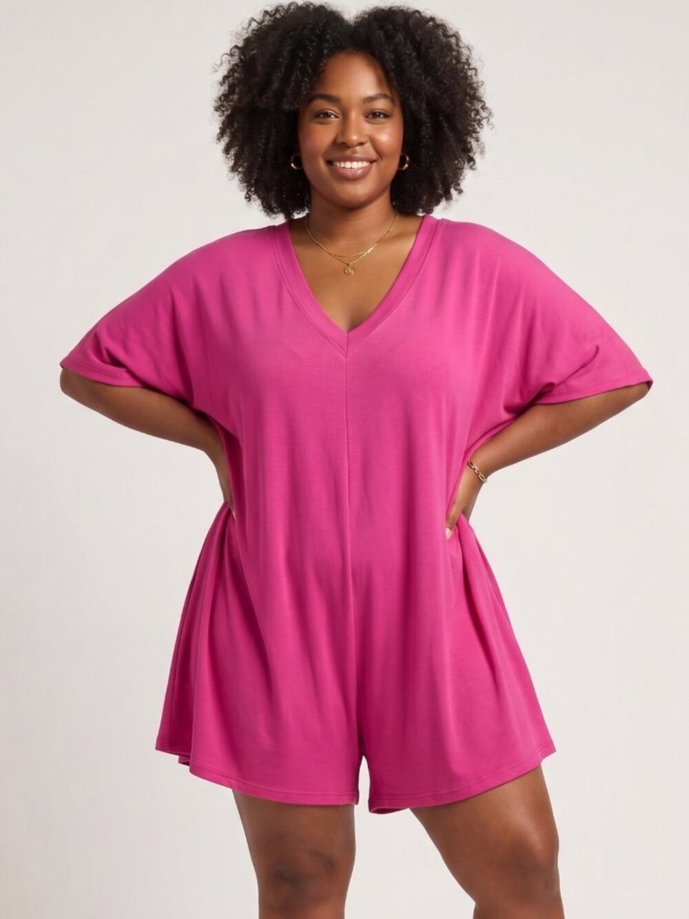 NWOT | Hot Pink V-Neck Short Sleeve Romper with Pockets Large
